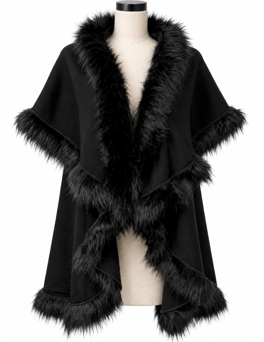 Soft Surroundings Kamaria Wrap Black Faux Fur Trim Cape Shawl One Size NWT